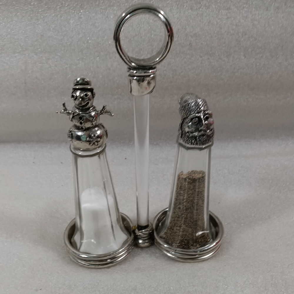 AST Design Pewter Santa And Snowman Salt Pepper Glass Shakers With Stand